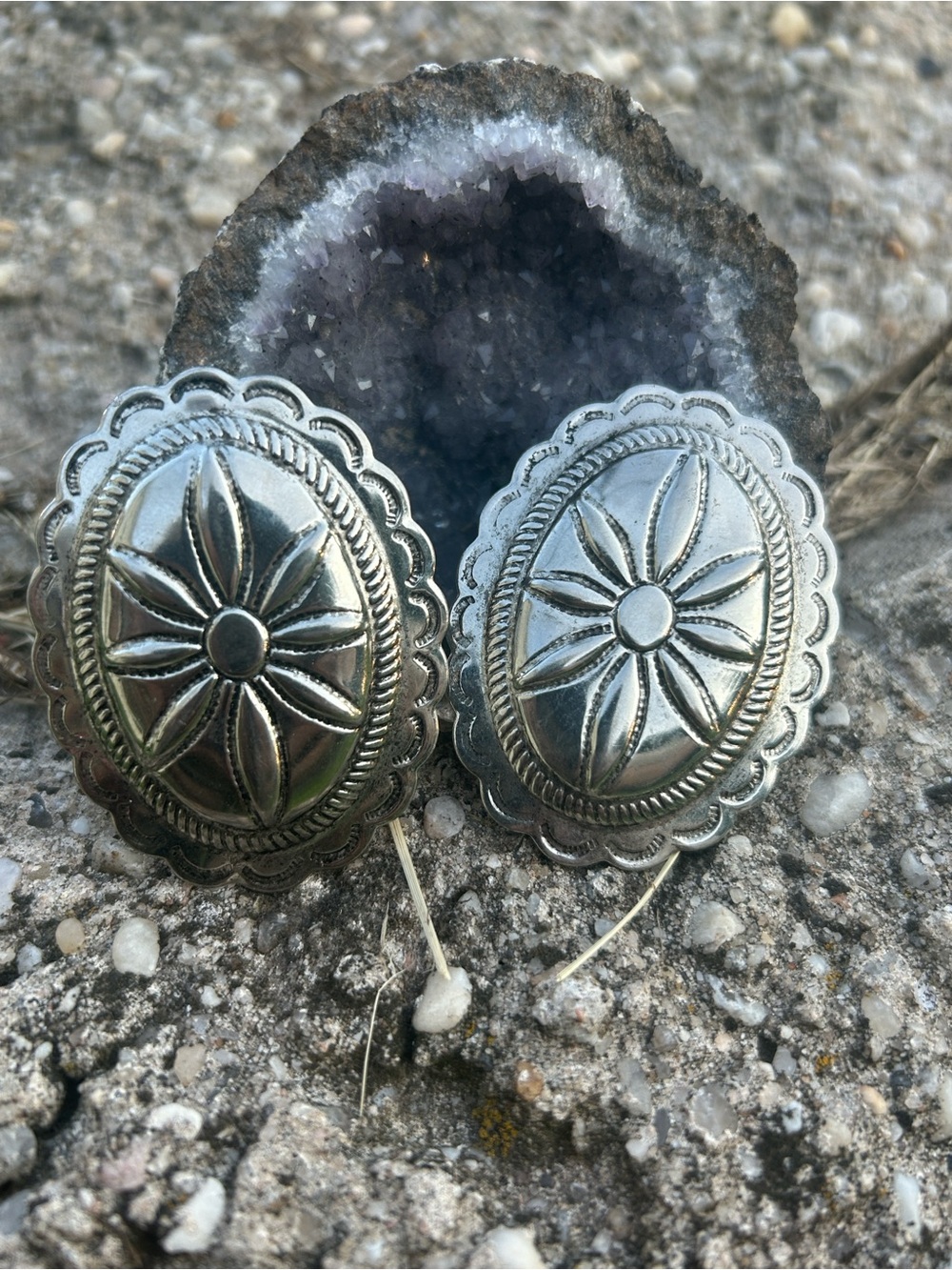Large silver Oval and Floral Concho Earrings
